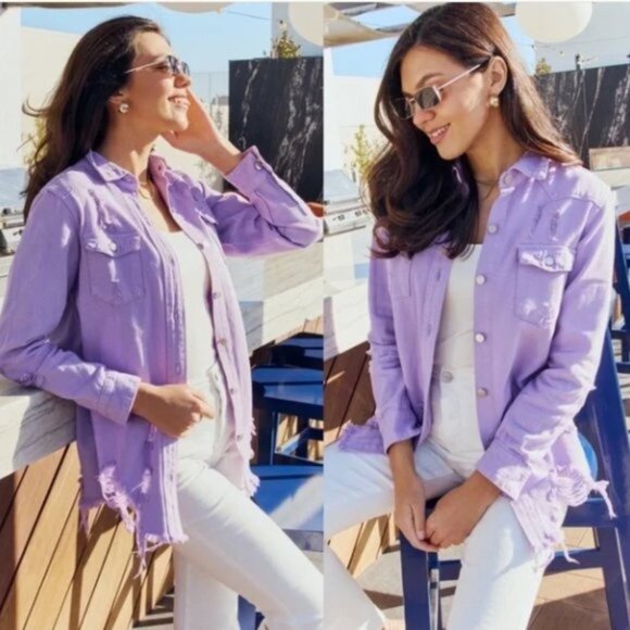 Jeans Ripped Raw Edge Oversized Denim Jacket, Distressed Collar Long Sleeves Y2K - Picture 3 of 10